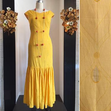 1980s mermaid dress, vintage 80s dress, yellow maxi dress, 80s fishtail dress, sleeveless dress, size medium, hourglass dress 