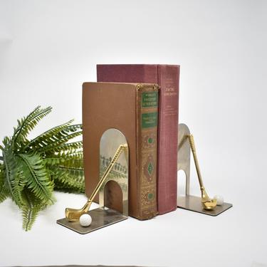 Set of Brass Golf Bookends | Gold Club w. Golf Ball Pair Book Supports | Desk Decor | Cubicle Decoration | Gift for Golfer | '60s '70s '80s 