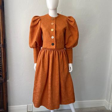 Vtg 70s 80s puff sleeve baroque avant garde 2 piece dress outfit SM 