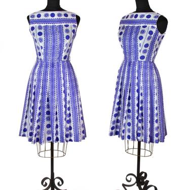 1960s Dress ~ Blue Dot Pleated Sleeveless Dress 