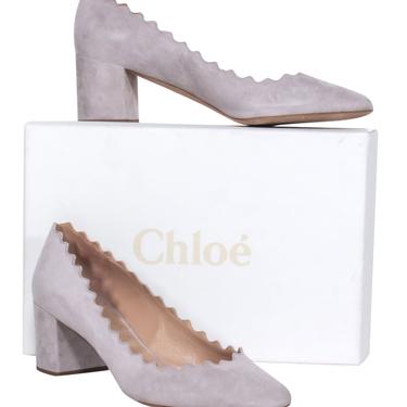Chloe - Light Grey Suede Scalloped Block Heel "Lauren" Pumps Sz 11