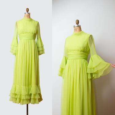 1970s Chartreuse Chiffon Gown / 60s 70s Bell Sleeve Maxi Dress Miss Elliette 