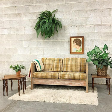 LOCAL PICKUP ONLY Vintage Loveseat Retro 1960s Wood Frame and Plaid Tweed 2 Seat Sofa or Couch with Driftwood Frame and Spring Seat 