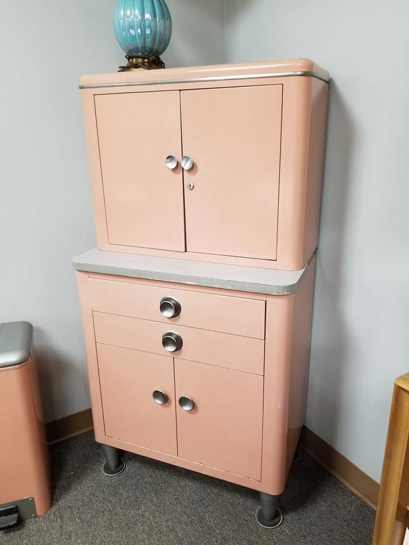 Vintage pink enameled medical cabinet