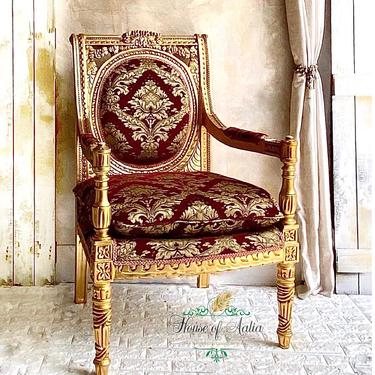 Rococo Chair | Regal Red and Gold Throne Chair | Gilded Chair | Red and Gold Upholstered Chair | Royal Chair 