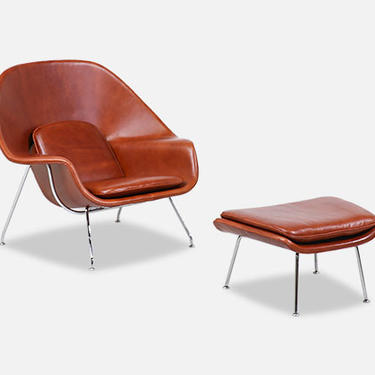 Eero Saarinen &quot;Womb&quot; Cognac Leather Chair with Ottoman for Knoll
