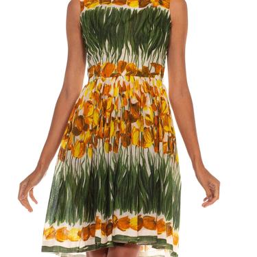 1950S Green White  Yellow Cotton Tulip Printed Fit-Flare Dress 