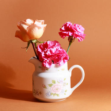 80s Vintage Beige Pastel Floral Short Japanese Pitcher Vase 