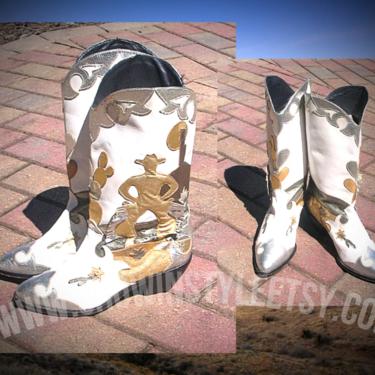 Zalo Leather Women's Vintage Western Cowgirl Boots, Gold, Silver & White with Cowboys, Cactus and Fringe, U.S.A Size 7.5 