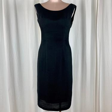 1950's Early 60's Black Cocktail Dress - Swooping Neckline - Nipped Waist - Nubby Rayon - Size Medium - 28 Inch Waist 