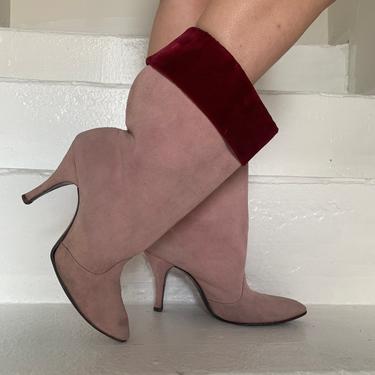 1950s One Of A Kind Custom Made Cuffed Fetish Stiletto Boots Pink Suede And Raspberry Velvet Size 8 Vintage 