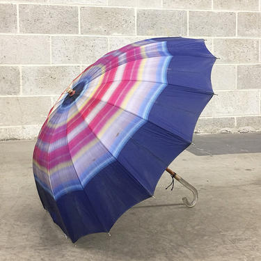 Vintage Umbrella Retro 1960s Multi Color with Curved Clear Lucite Crook Handle + Wood Pole + Outdoor + Weather + Rain + Gear + Blue + Pink 