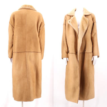 80s suede shearling coat / vintage 1980s beige suede &amp; wool fleece draped easy winter fur coat L FRANCE 