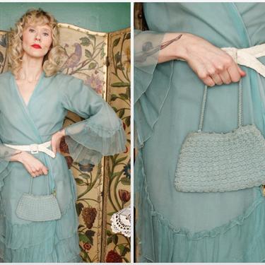 1930s Knit Bag //  Shell Pattern Sea Glass Knit Purse // vintage 30s knit purse 