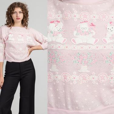 80s Teddy Bear Cropped Sweatshirt - Medium | Vintage Pink Puffy All-Over Graphic Pullover 