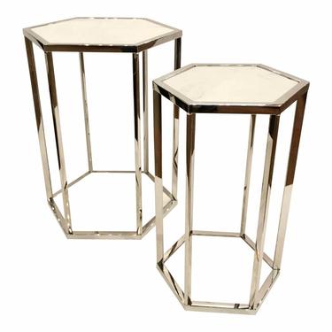 Set of Modern Polished Nickel and White Marble Hexagonal Side Tables - a Pair