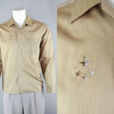 1960s Crown Embroidery Shirt | Vintage 60s Men's Long Sleeve Brown Chambray Shirt | Medium 