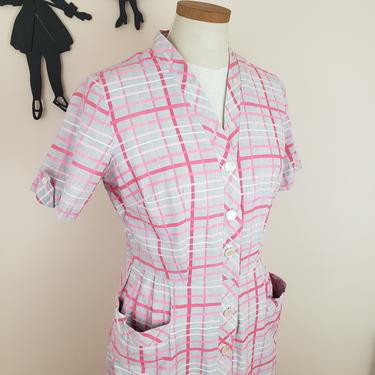 Vintage 1950's Pink Check Shirt Waist Dress / 50s Plaid Check Day Dress L 