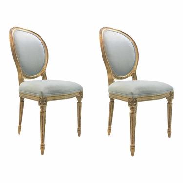 Currey and Co. French Style Palais Blue and Gold Side Chairs Pair