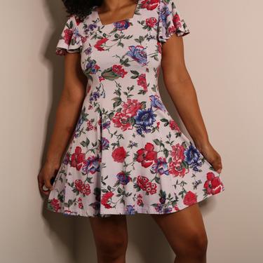 90s Rose Print Dress | Ruffle Sleeve Dress | Fit and Flare Dress | Skater Skirt Floral Dress | Vintage Cotton Dress | Size 9 Medium 