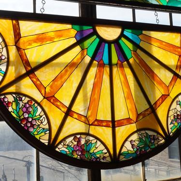 Yellow Sun Burst Arched Stained Glass w Grapes