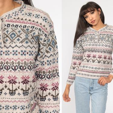 Fair Isle Wool Sweater 80s Taupe Geometric Knit Sweater Nordic Print 1980s Hipster Statement Vintage Pullover Retro Medium 