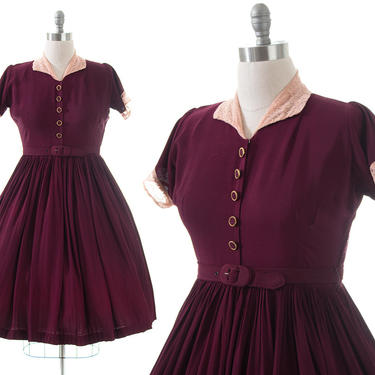 Vintage 1940s 1950s Shirt Dress | 40s 50s Plum Purple Rayon Lace Trim Day to Evening Shirtwaist Dress (large) 