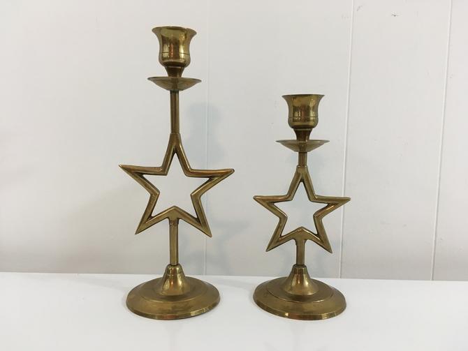Vintage Brass Star Candle Holders Pair of Candlesticks Retro Home 