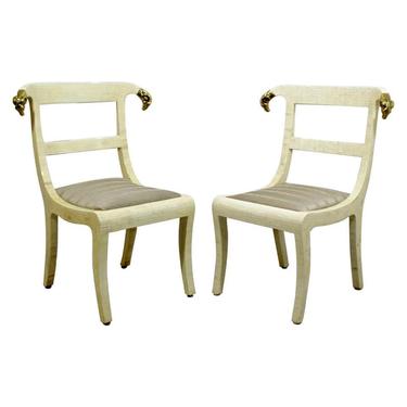 Mid Century Modern Pair Enrique Garcel Tessellated Stone Brass Rams Head Chairs 