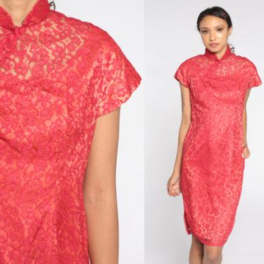 60s Lace Dress Red Cheongsam Dress Asian Style Lace Midi Mandarin Collar Party 1960s Illusion Neckline Sheath Vintage 50s Small S 