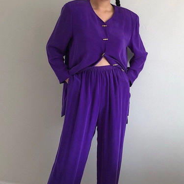 90s silk pant suit / vintage grape hyacinth purple sand washed silk relaxed lounge matching pant suit set | L 