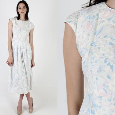 Vintage 80s Pastel Floral Dress / Summer Day Garden Party Dress / Womens Open Back Cut Out / Pale Romantic Full Skirt Maxi Dress 