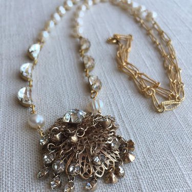 Gold &amp; Glitter [assemblage necklace: vintage earring, vintage rhinestones, freshwater pearl, vintage chain] 