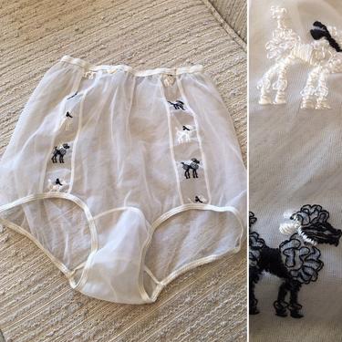 1950s poodle panties, vintage novelty underwear, ivory nylon panties, size small, high waist undies, see through panties, fetish panties 