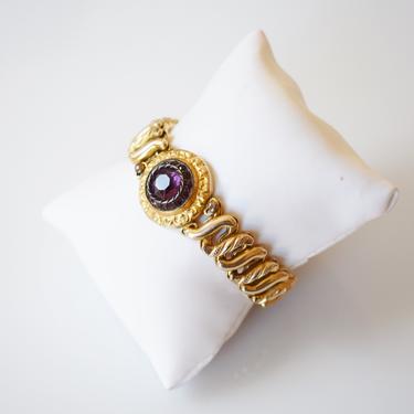 Antique Gold and Amethyst Gem Sweetheart Bracelet | 1910s-1920s Expandable Carmen Bracelet | Victorian Revival 