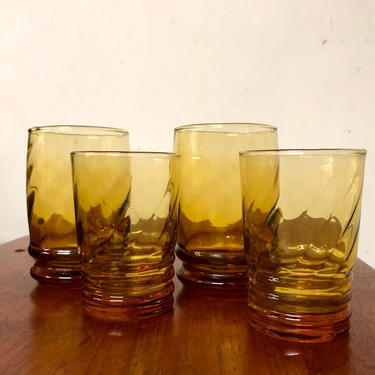 Vintage Libbey Glass Amber Swirl Heavy Bottom Juice Glasses and Lowball Glasses 
