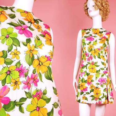 Deadstock 1960s mod floral romper. Beautiful iconic color scheme. (Size L/XL) 