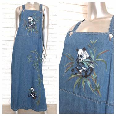 Vintage Jean Jumper Dress with Panda Bear Bamboo Design M Denim Overalls 