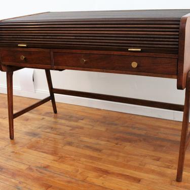 Sligh Lowry Vintage Mid Century Modern Walnut Roll Top Desk