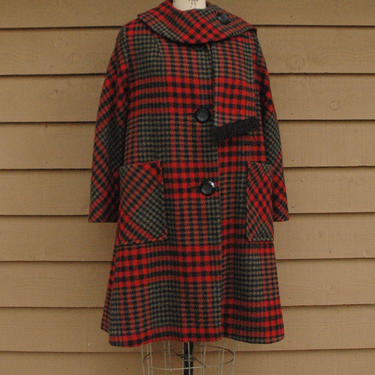 1960s Red Plaid Wool Coat With Wrap Fringed Scarf Collar 