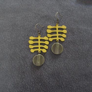 Yellow earrings, brass Afrocentric earrings, mid century modern earrings, African earrings, bold statement earrings, unique artisan earrings 
