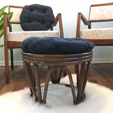 Stool Wicker 1970s bohemian ottoman bench stool with new pendelton blue navy black cushion and coordinating pillow 