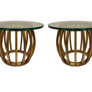 Pair of Sculptural Gilded Wood Side Tables with Glass Tops 1960s