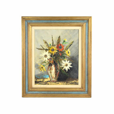 Vintage Mid-Century Modern Still Life Vase of Flowers Oil Painting 