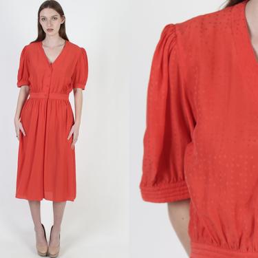 All Red Silk Party Dress / 80s Shadow Polka Dot Print Dress / Vintage 1980s Secretary Cocktail Evening Midi Mini Pockets Dress 