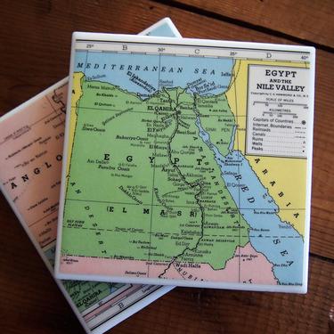 1951 Egypt &amp; Nile Valley Vintage Map Coasters - Ceramic Tile Set of 2 - Repurposed 1950s Hammond Atlas - Handmade - Cairo - Khartoum 