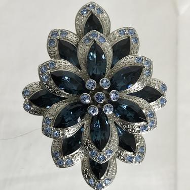 Large Faux Sapphire SIlver Metal Costume Brooch Pin