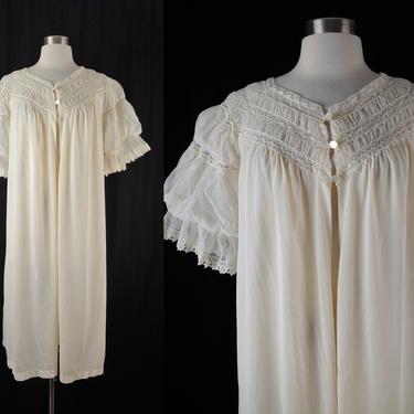 Vintage Fifties Movie Star Peignoir Nightgown - 50s Nylon Cream Off-White Tiered Sleeve Lingerie 