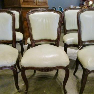SET OF SIX ANTIQUE  FRENCH CHAIRS FROM PROVENANCE ANTIQUES IN PALE GREEN LEATHER