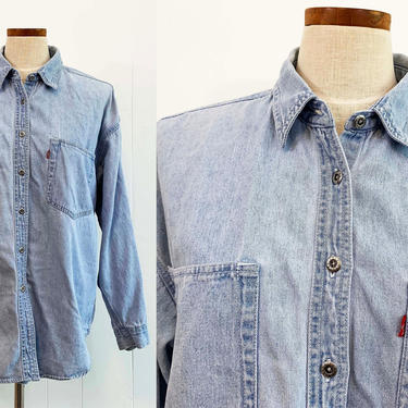 True Vintage Levi's Denim Shirt Heavyweight Button Front Collared Lightweight Jacket Levis Long Sleeve Top Collar XL Plus Oversized 